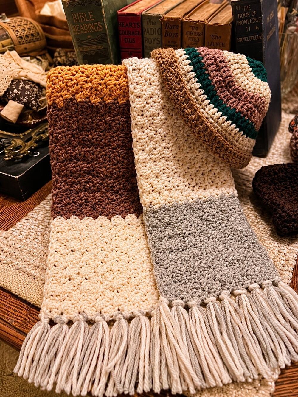 Handmade Crochet Scarf With Hat, Blue, Brown, Orange & Cream